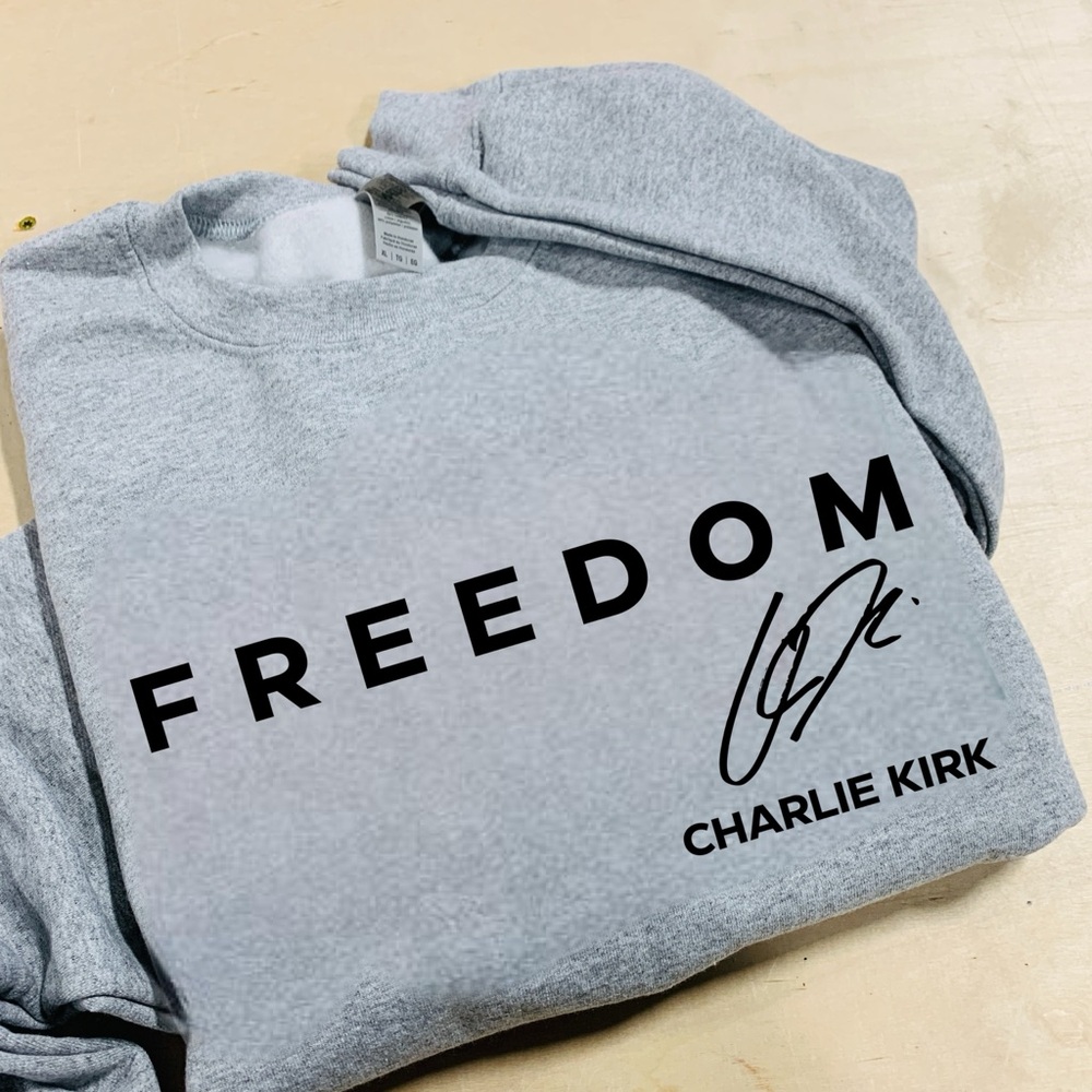 Sport Gray FREEDOM Unisex Sweatshirt Charlie Kirk w/ Signature Tribute shirt - Picture 1 of 2